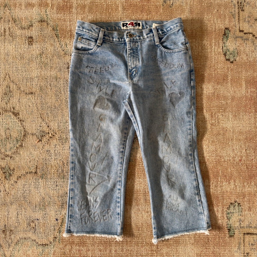 Vintage Rave 4 Real R4R Graphic Jeans Light Wash Raw Hem Made in Canada Size 9